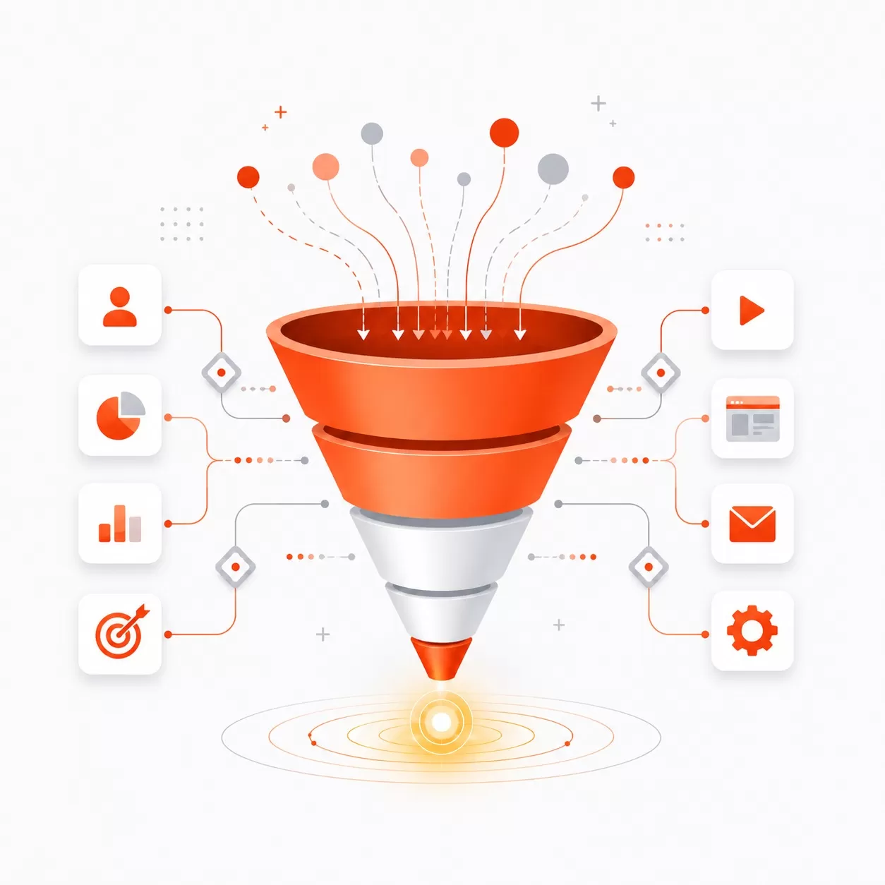 Funnel development illustration showing a marketing funnel narrowing  to a glowing conversion point, representing white-label funnel builds  for agencies by Amoye Systems.