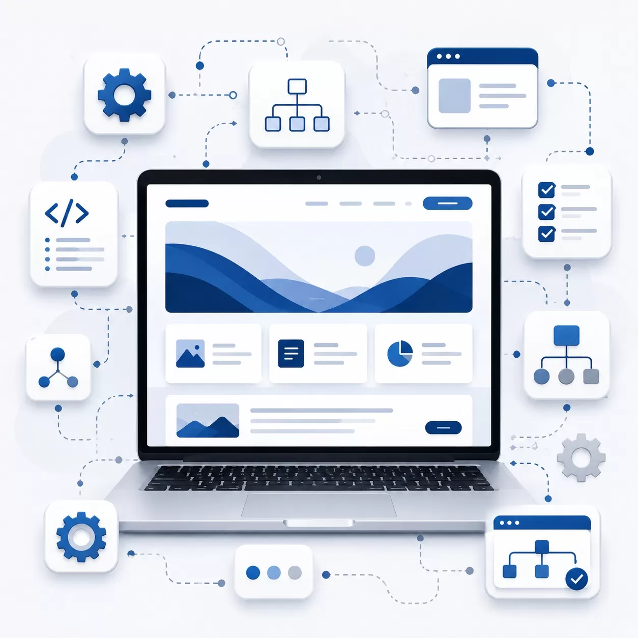 White-label development partner illustration showing a laptop with  a website interface surrounded by development, automation, and  workflow icons — representing Amoye Systems' offshore agency  delivery process.